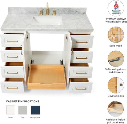 Emilia 48-Inch Bathroom Vanity with Sink — White Single Sink Bathroom Vanity, 1.5" Edge Italian Carrara Marble Top, Solid Wood, 2 Soft Closing Doors, 9 Dovetail Drawers