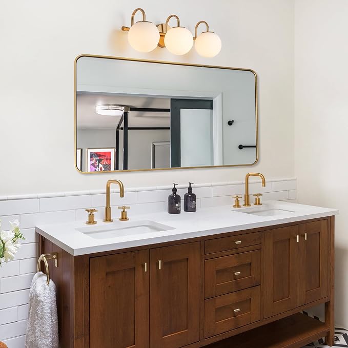 Bathroom Vanity Light, 22.6-Inch Modern Dimmable 3-Light Bathroom Light Fixture Over Mirror, Brass Finish with Frosted Glass Globe Wall Sconce