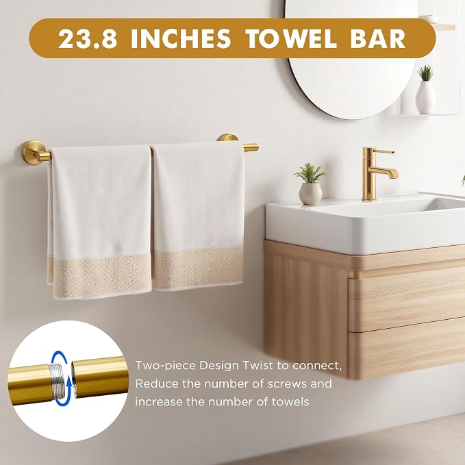 Gorlary Gold Bathroom Accessories, Bathroom Hardware Set Wall Mounted | 24” Towel Bar, Towel Ring Holder, Toilet Paper Holder and 3 Towel Hooks