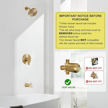 Tohlar Gold Shower Faucet Set with Tub Spout, Bathtub and Shower Faucet Combo Kit, 6-Inch Rain Shower Head and Faucet Set with Valve, Brushed Gold