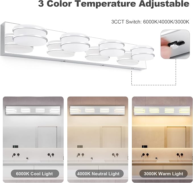GOODATE 3 Color Temperature Dimmable Vanity Lights for Bathroom, LED Chrome 4 Light Vanity Lighting Fixtures, Acrylic Stainless Steel Oval Shade Bathroom Light Fixtures Over Mirror, ETL Certificated