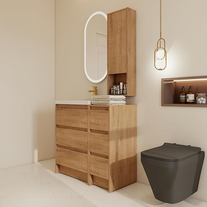 36" Bathroom Vanity Set, 36 Inch Modern Freestanding Vanity with Wall-Mounted Side Cabinet and 6 Drawers, Single Resin Sink Floor Stand Cabinet Set Imitative Oak（J24+E12B+B12A）