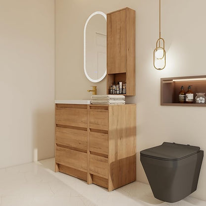 36" Bathroom Vanity Set, 36 Inch Modern Freestanding Vanity with Wall-Mounted Side Cabinet and 6 Drawers, Single Resin Sink Floor Stand Cabinet Set Imitative Oak（J24+E12B+B12A）