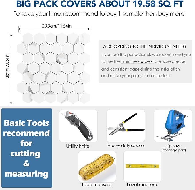 20-Sheet Hexagon Peel and Stick Backsplash Tile,12.2x11.54inches Marble White Mixed Silver Metal 3D PVC Wall Tiles Stick on Backsplash for Kitchen and Bathroom