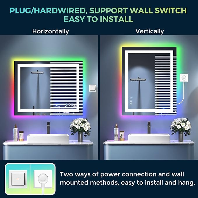 28x36 LED Bathroom Mirror with Lights, RGB Backlit Lighted Mirror | Backlit and Front Light, Anti-Fog, 3 Color Dimmable, Memory, Tempered Glass, IP54 Waterproof, UL Listed