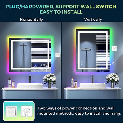 28x36 LED Bathroom Mirror with Lights, RGB Backlit Lighted Mirror | Backlit and Front Light, Anti-Fog, 3 Color Dimmable, Memory, Tempered Glass, IP54 Waterproof, UL Listed