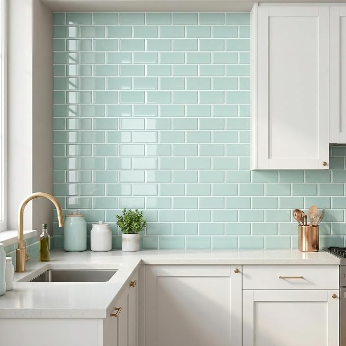 Arttown Peel and Stick 3D Wall Backsplash, 20-Sheet, 12" × 12" Aqua Green | Subway Tiles Self Adhesive Thicker Design Wall Tile Panel Wallpaper for Bathroom Balcony Kitchen