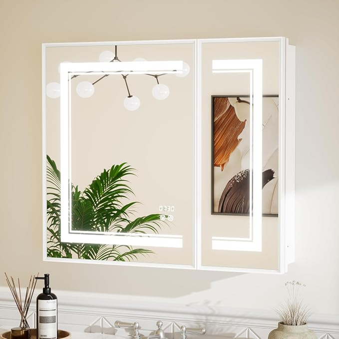 White Lighted Medicine Cabinet Mirror with Led Lights 30 x 26 Wall Mount or Recessed Bathroom Cabinet with Storage, 2 Door Tempered Glass Led Vanity Cabinet, 2 Outlets, 3-Color Dimming, Defog