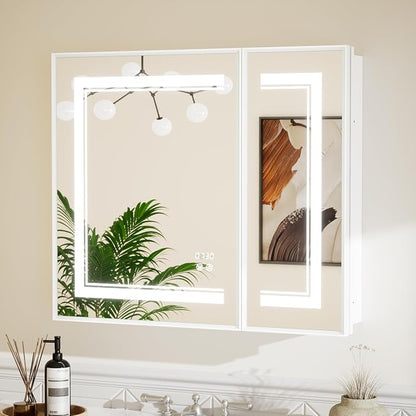 White Lighted Medicine Cabinet Mirror with Led Lights 30 x 26 Wall Mount or Recessed Bathroom Cabinet with Storage, 2 Door Tempered Glass Led Vanity Cabinet, 2 Outlets, 3-Color Dimming, Defog
