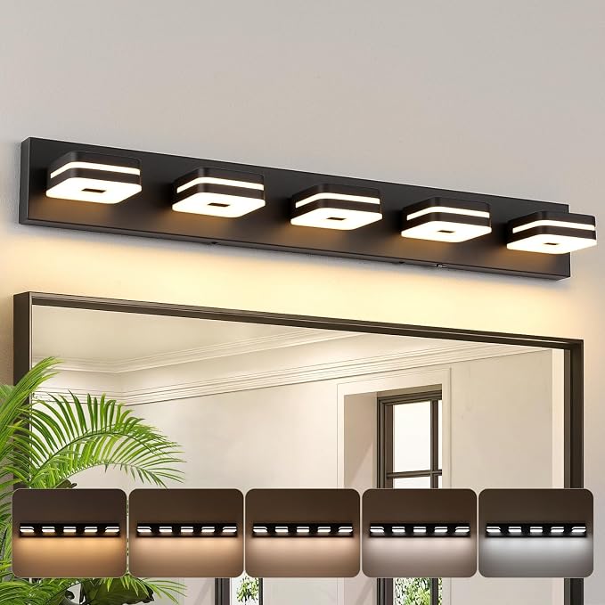 Modern Bathroom Vanity Light Fixture, 34" 5-Light Dimmable LED Wall Sconce Over Mirror, Matte Black Acrylic Vanity Lights for Bathroom, 5CCT Adjustable, Indoor Use