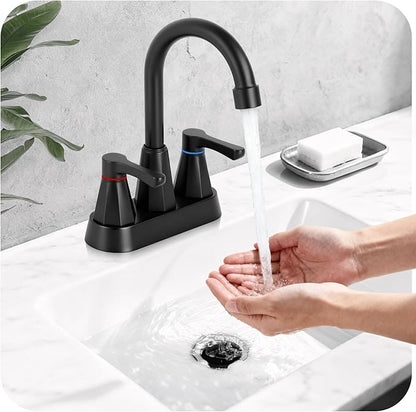Black Bathroom Faucet 3 Hole, 4 Inch 2-Handle Centerset Bathroom Sink Faucet, Faucet for Bathroom Sink 360° Swivel Bathroom Faucets RV Lavatory Vanity Faucet with Pop-up Drain