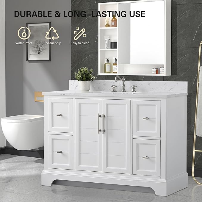 HOMEBEYOND 48 Inch Bathroom Vanity with Single Sink & Ceramic Top, Vanity Cabinet with Center Countertop Basin, Soft-Closing Doors, Backsplash,White