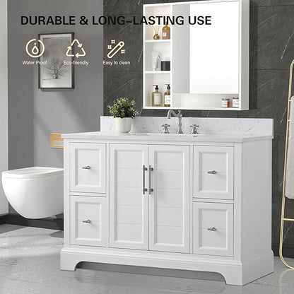 HOMEBEYOND 48 Inch Bathroom Vanity with Single Sink & Ceramic Top, Vanity Cabinet with Center Countertop Basin, Soft-Closing Doors, Backsplash,White