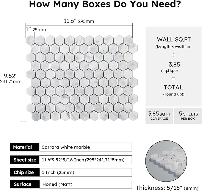 Carrara White Marble Mosaic Tile,1 Inch Hexagon, Honed, 5 Sheets | Natural Bianco Carrera, Marble Stone Backsplash Tiles for Kitchen, Bathroom, Shower Wall and Floor