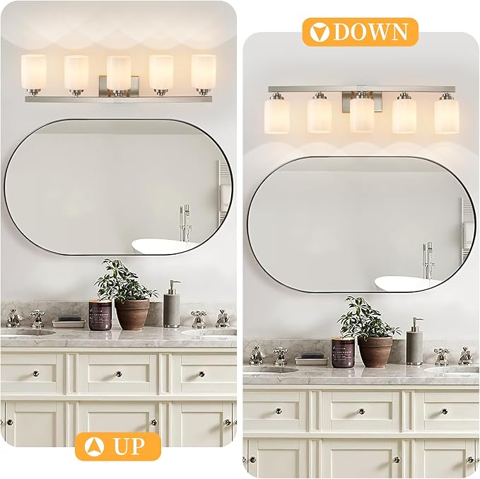 Bathroom Light Fixtures, Vanity Light Over Mirror Nickel 5-Light Fixture | Modern bathroom vanity light fixture with metal frame, ideal for mirrors, bedrooms and hallways. Fits E26 bulbs.