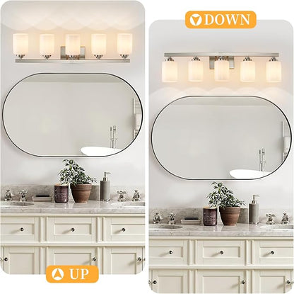 Bathroom Light Fixtures, Vanity Light Over Mirror Nickel 5-Light Fixture | Modern bathroom vanity light fixture with metal frame, ideal for mirrors, bedrooms and hallways. Fits E26 bulbs.