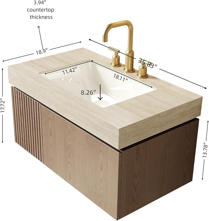 KEIKI 36 Inch Floating Bathroom Vanity with Sink, Light Brown & Beige | Modern Wall Mounted Storage Cabinet w/ Drawer & Door, Pre-assembled Wood Panels, Sintered Stone Top & Ceramic Basin Combo Set