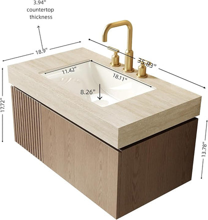 KEIKI 36 Inch Floating Bathroom Vanity with Sink, Light Brown & Beige | Modern Wall Mounted Storage Cabinet w/ Drawer & Door, Pre-assembled Wood Panels, Sintered Stone Top & Ceramic Basin Combo Set