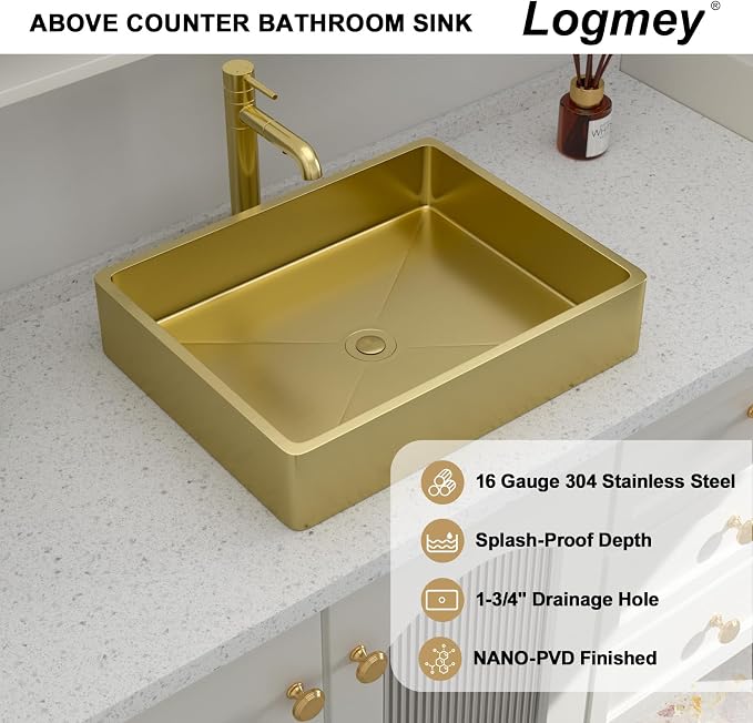 Logmey 19" Gold Shallow Bathroom Vessel Sink 19x15 Rectangle Handmade 16 Gauge Stainless Steel Above Counter RV Bathroom Sinks with Pop up Drain Set