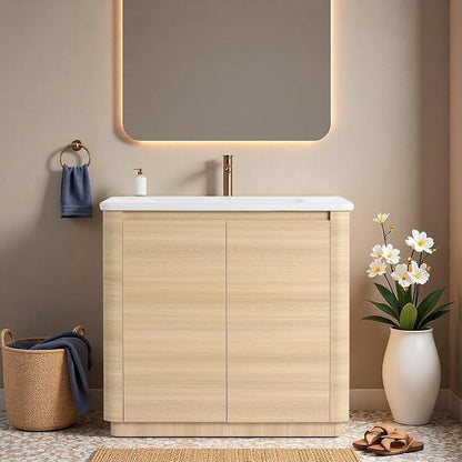 36" Bathroom Vanity with Ceramic Sink, Freestanding Bathroom Vanity with 2-Soft-Close Door, Soft-Closing Hinges & Hidden Handles for Home, Farmhouse, Easy to Clean Design, White Oak