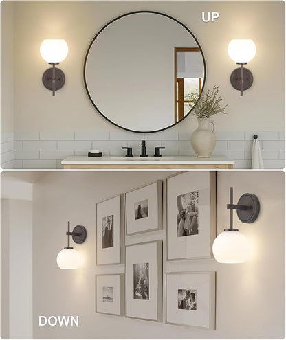 Oil Rubbed Bronze Wireless Rechargeable Wall Sconces Set of 2, Battery Operated Wall Lights with Remote Control, LED Dimmable Wall Lamp with Opal White Glass Shade, 12 Colors RGB & 3 CCT Bulb