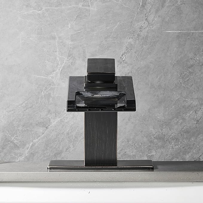 LED Bathroom Sink Faucet, Oil Rubbed Bronze Waterfall Single Hole Handle Vanity Faucets for Sinks 1 Hole with Metal Pop Up Drain and 2 Water Supply Lines, Open Glass Spout