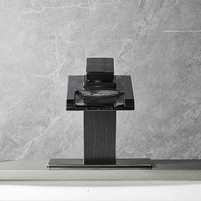 LED Bathroom Sink Faucet, Oil Rubbed Bronze Waterfall Single Hole Handle Vanity Faucets for Sinks 1 Hole with Metal Pop Up Drain and 2 Water Supply Lines, Open Glass Spout