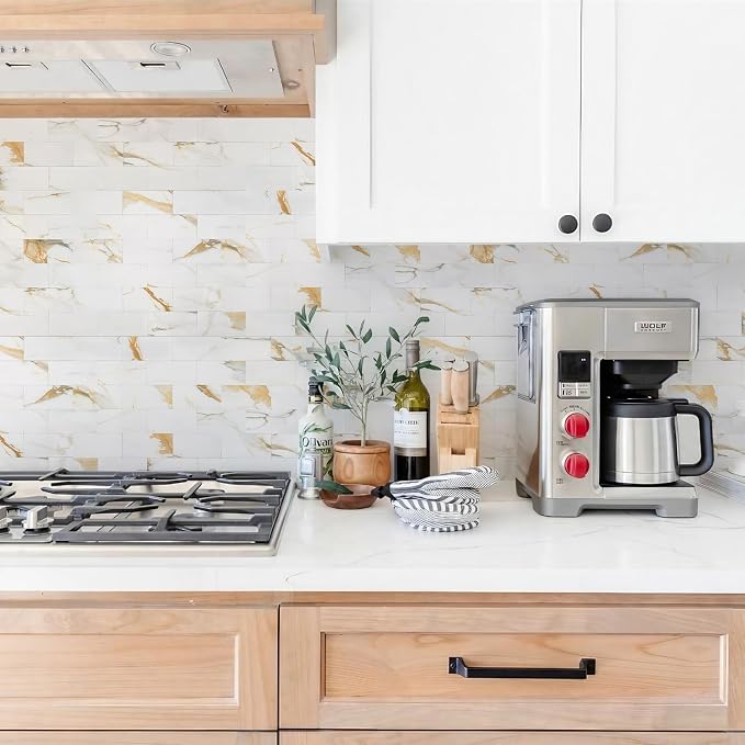 STICKGOO 10-Sheet Peel and Stick Backsplash, Calacatta Golden | Marble Look Kitchen Backsplash Wall Tiles, Peel and Stick Wall Panels for Bathroom, Fireplace, RV