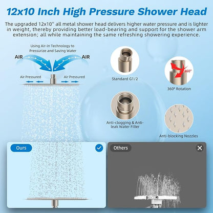 Hibbent 12" Dual Filtered 10" Rainfall Shower Head with Handheld 10-Spray | High Pressure Metal Brushed Nickel Showerhead Combo with Filter, Extension Arm with 4-way Diverter, 71'' Hose & Holder