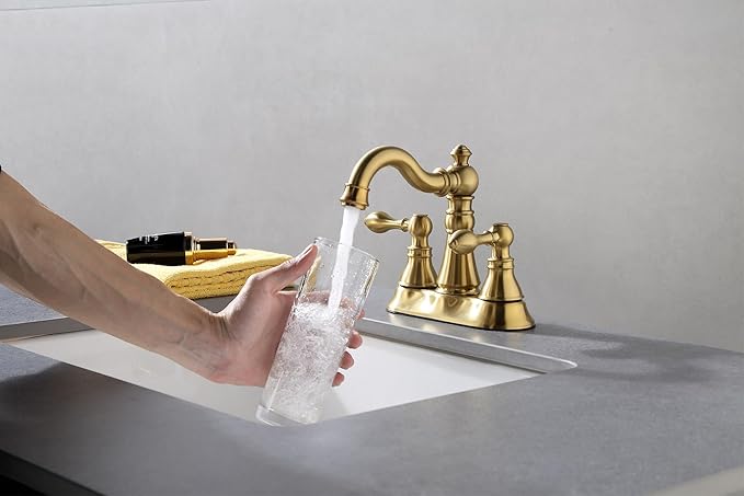 Two Handle Brushed Gold Bathroom Faucet 3 Hole with Plastic Overflow Pop-Up Drain,Swivel Spout Bathroom Sink Faucet 4 Inch Centerset,Meets cUPC NSF 61-9 AB1953,F-0048-BG