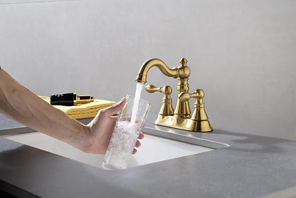 Two Handle Brushed Gold Bathroom Faucet 3 Hole with Plastic Overflow Pop-Up Drain,Swivel Spout Bathroom Sink Faucet 4 Inch Centerset,Meets cUPC NSF 61-9 AB1953,F-0048-BG