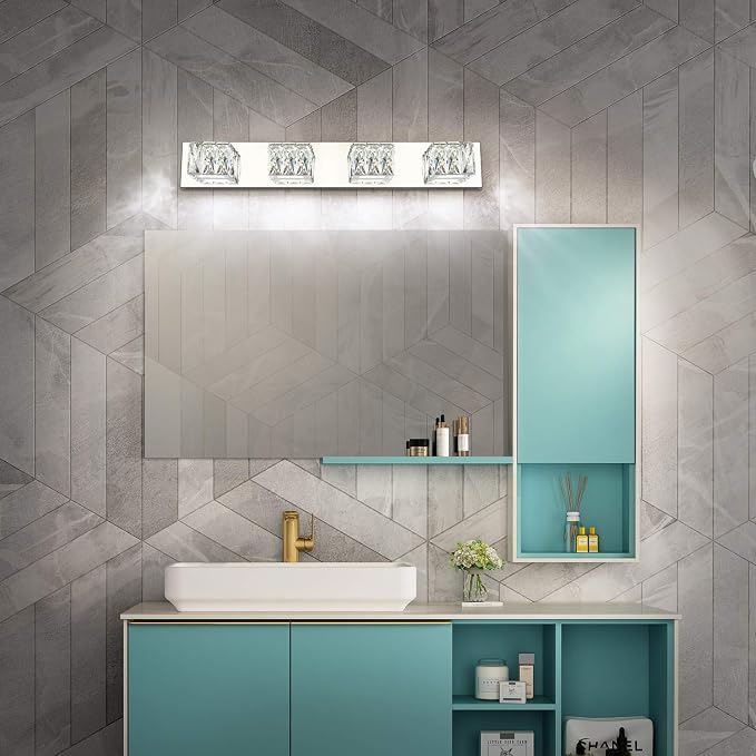 4 Light Bathroom Vanity Light - Crystal Modern LED Vanity Lights Bar - Chrome Bath Lighting Fixtures Over Mirro