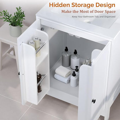 VINGLI 24 Inch White Bathroom Vanity with Sink, Modern Freestanding Sink Vanity with Soft-Close Doors and Storage Shelves, White Bathroom Cabinet with Single Hole Ceramic Basin for Small Bathrooms