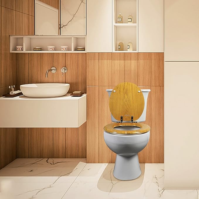 Angel Shield Durable Wood Veneer Natural Toilet Seat Metal Hinged Easy Clean Anti-scratch American Standard(Round,Oak)