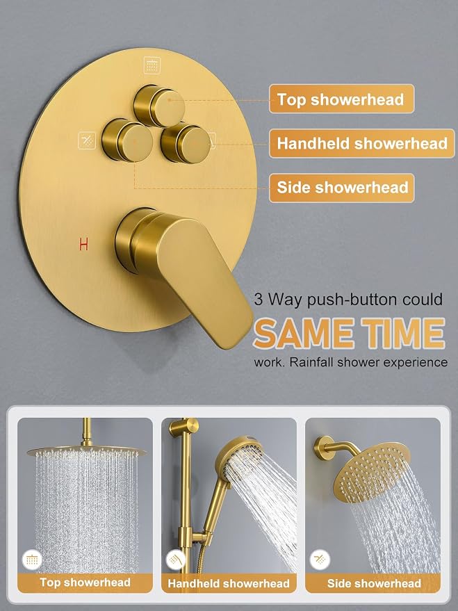 Woindo Shower Faucet Set with Slide Bar, 12" Rain Shower Head/8'' Side Shower Head and 10 Setting Handheld Ceiling Mount 3 Push Button Diverter Complete Rainfall Shower System Included Valve Trim Kit