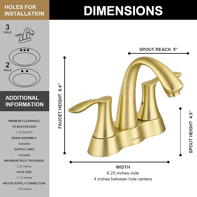 Brushed Gold Bathroom Faucet 3 Hole, 2 Handle Bathroom Sink Faucet, 4 Inch Centerset Bathroom Faucet with Drain Assembly, BF423-SG