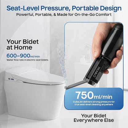 BIDET BUDDY® CubeJet Portable Bidet for Travel - 380mL Bottle, 1100mAh Rechargeable Battery, IPX6 Waterproof Wand-Style Nozzle, USB-C High-Pressure Hygiene Device for Camping & Home