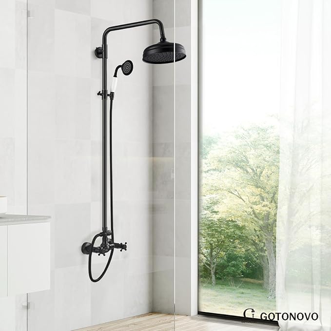 gotonovo Luxury Exposed Shower Faucet Set Bathroom Shower System 8 Inch Wall Mount Rainfall Shower Head with Handheld Spray Cross Double Handle Shower Fixture Adjustable Straight Rod Oil Rubbed Bronze