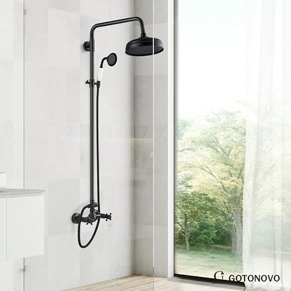 gotonovo Luxury Exposed Shower Faucet Set Bathroom Shower System 8 Inch Wall Mount Rainfall Shower Head with Handheld Spray Cross Double Handle Shower Fixture Adjustable Straight Rod Oil Rubbed Bronze