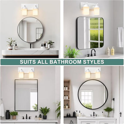 IZORRO Bathroom Vanity Light Fixture, 2-Light 15 Inch White Bathroom Light Fixtures Over Mirror, with White Glass Shade, Modern Farmhouse Vanity Lights, Rustic Restroom Lighting Fixtures