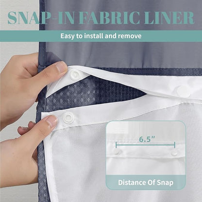 eachope No Hook Waffle Shower Curtain with Snap-in Liner, 71x74 Inch, Navy | 230 GSM waffle weave fabric, waterproof liner set with 2 bottom magnets, mesh top window, washable, for bathroom or hotel use