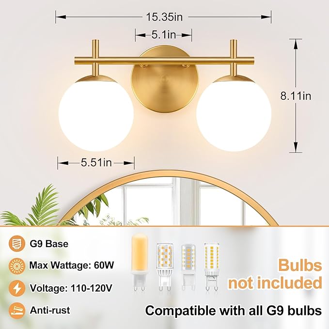 2-Light Bathroom Light Fixtures, Brushed Gold Vanity Lights for Bathroom with Milky White Glass Shade, Bathroom Lighting Fixtures Over Mirror, Wall Sconce for Bedroom (Bulb Not Included)