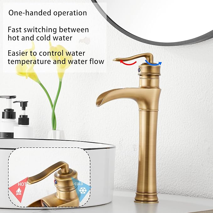 Antique Brass Waterfall Bathroom Faucet GGStudy Single Handle One Hole Farmhouse Bathroom Vessel Sink Faucet Matching with Pop Up Drain