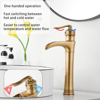 Antique Brass Waterfall Bathroom Faucet GGStudy Single Handle One Hole Farmhouse Bathroom Vessel Sink Faucet Matching with Pop Up Drain