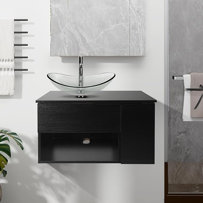 28 Inch Black Floating Bathroom Vanity with 1-Door and 1-Drawer, Modern Wall Mounted Cabinet with Clear Boat Glass Vessel Sink