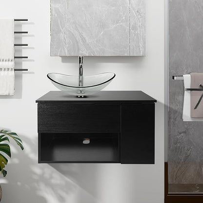 28 Inch Black Floating Bathroom Vanity with 1-Door and 1-Drawer, Modern Wall Mounted Cabinet with Clear Boat Glass Vessel Sink