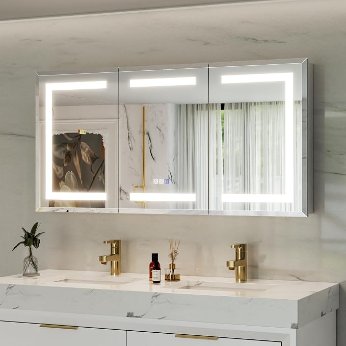 48x24 Lighted Medicine Cabinet with Mirror Defogger - Dimmable Touch Sensor, Adjustable Color Temperature, Shatterproof Tempered Glass, Quick-Release Hinges, Adjustable Shelves,three door