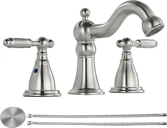 RKF Bathroom Faucets for Sink 3 Brushed Nickel 8 inch Widespread Bathroom Sink Faucet with Drain Double Lever Handle Faucet Bathroom Vanity Faucet Basin Mixer Tap WF013-BN