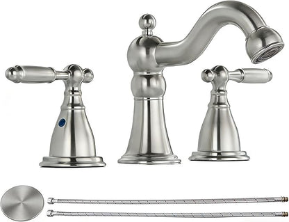 RKF Bathroom Faucets for Sink 3 Brushed Nickel 8 inch Widespread Bathroom Sink Faucet with Drain Double Lever Handle Faucet Bathroom Vanity Faucet Basin Mixer Tap WF013-BN