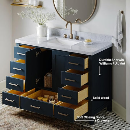 ARIEL Cambridge 48-inch Bathroom Vanity with Sink,Solid Wood, 1.5-inch Italian Carrara Marble Countertop, Single Rectangular Porcelain Sink, 2 Soft Closing Doors, 9 Dovetail Drawers, Midnight Blue